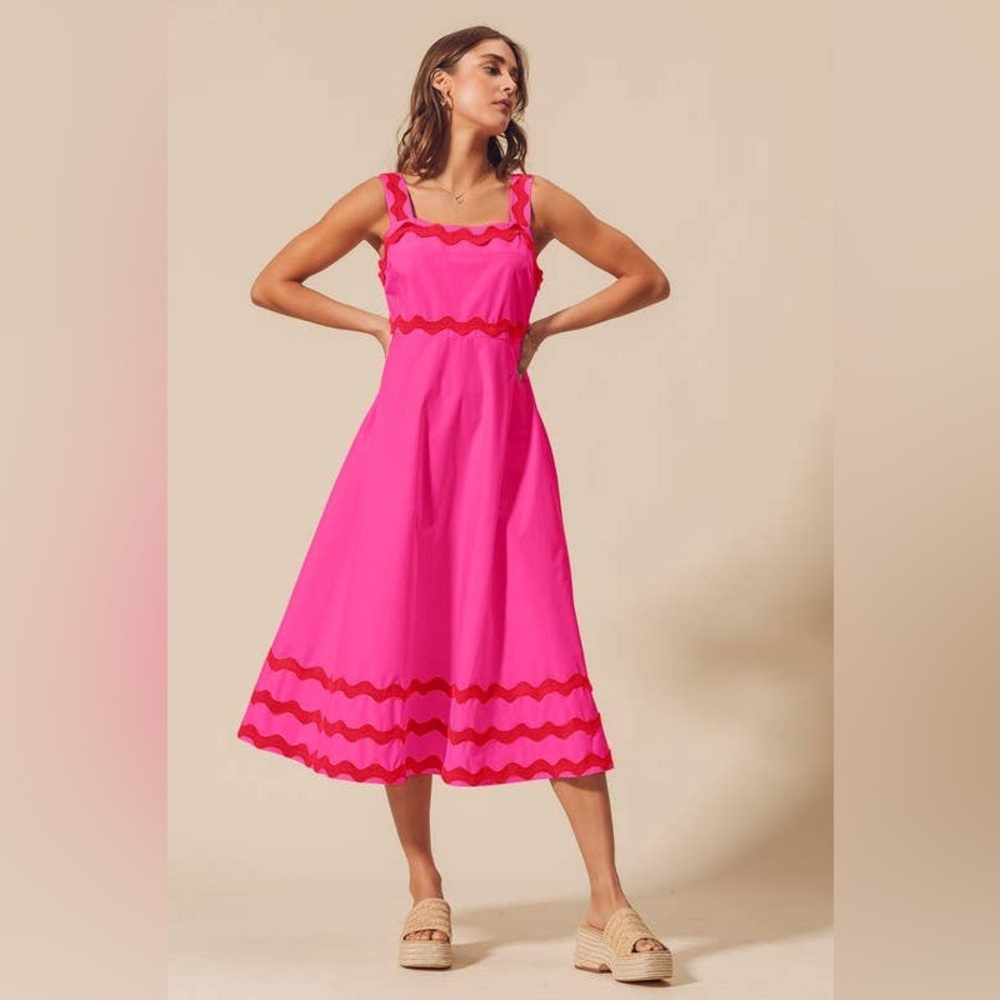 NWT One Loved Babe Scallop Ric Rac Trim A Line Midi Dress Pink Red Small